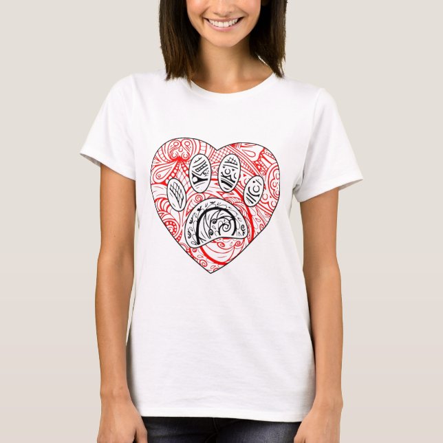Blommigt Mandala Hund Paw Skriv ut Red Heart T Shirt (Framsida)