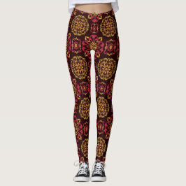 Blommigt Mandala Mönster i Rik Red och Guld Tones Leggings