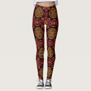 Blommigt Mandala Mönster i Rik Red och Guld Tones Leggings