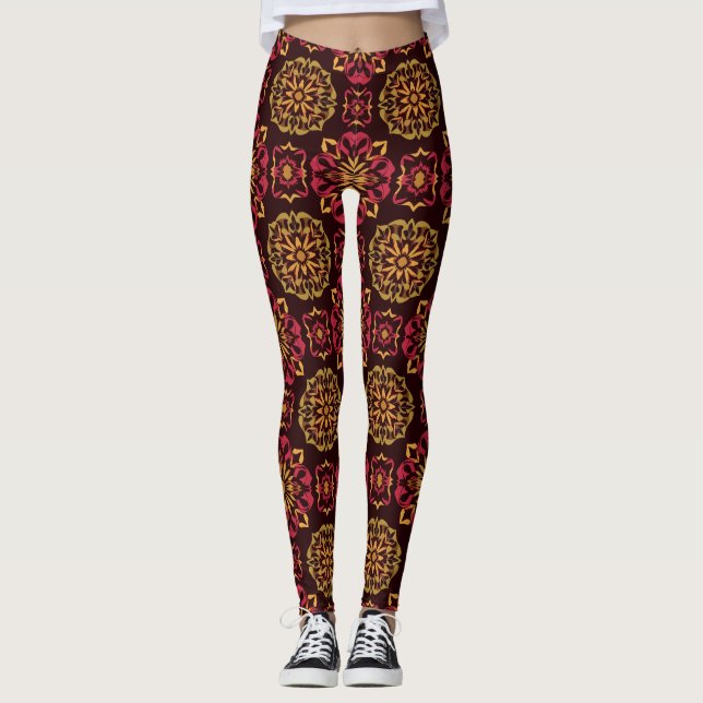 Blommigt Mandala Mönster i Rik Red och Guld Tones Leggings (Framsida)