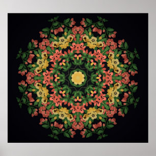Blommigt mandala: röd, gultens vintage. poster