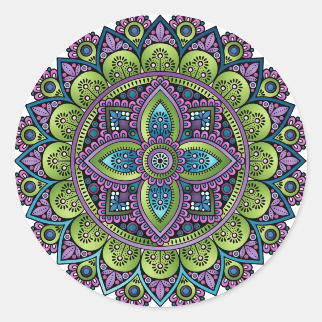 Blommigt Mandala Runt Klistermärke (Framsida)