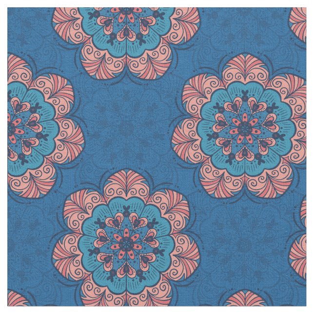 Blommigt Mandala Tile i Blue & Rosa Tyg (Närbild)