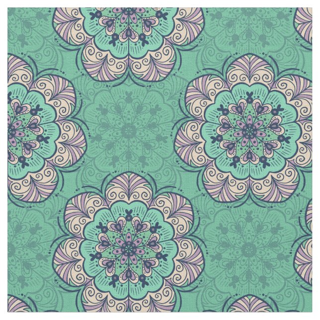Blommigt Mandala Tile i Mint & Lavender Tyg (Närbild)