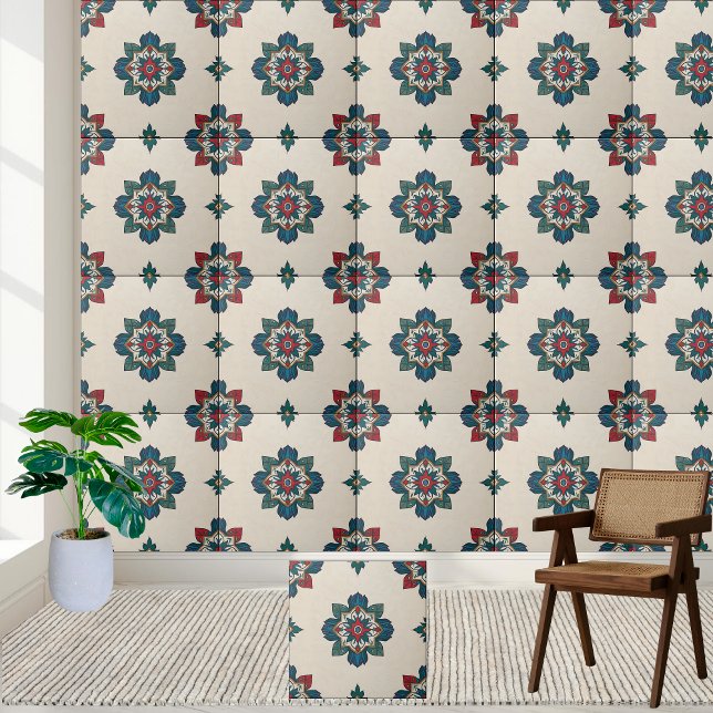 Blommigt Mandala Tile i Teal Red and Grönt Kakelplatta (Floral Mandala Tile in Teal Red and Green)