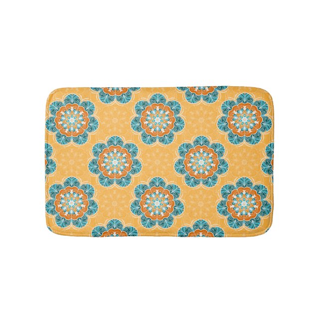 Blommigt Mandala Tile in Orange & Teal Badrumsmatta (Framsidan)