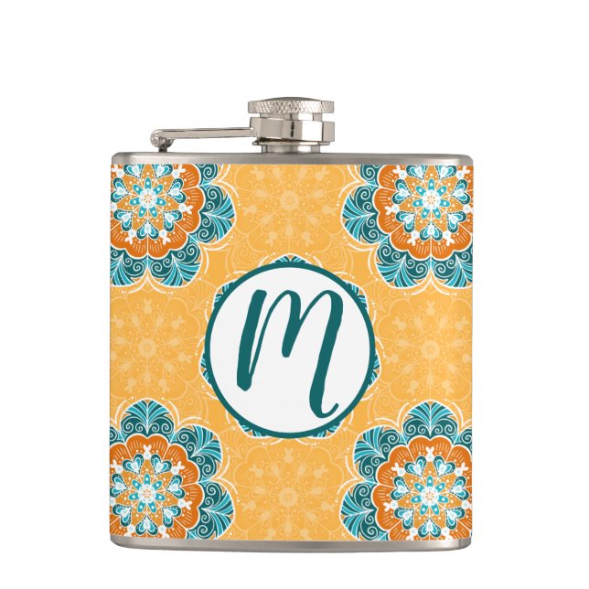 Blommigt Mandala Tile in Orange & Teal Fickplunta (Framsidan)