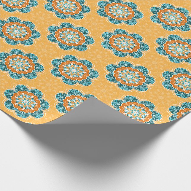 Blommigt Mandala Tile in Orange & Teal Presentpapper (Hörn)