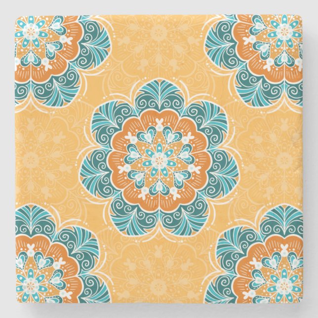 Blommigt Mandala Tile in Orange & Teal Stenunderlägg (Framsidan)