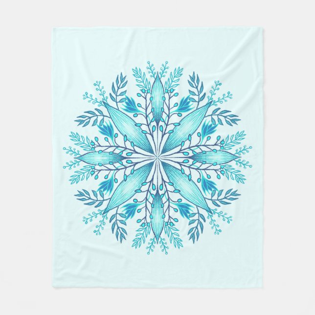 Blommigt Mandala - Turcos Blue Boho Snowflake Fleecefilt (Framsidan)