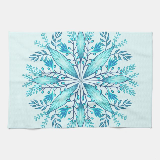 Blommigt Mandala - Turcos Blue Boho Snowflake Kökshandduk (Horisontell)
