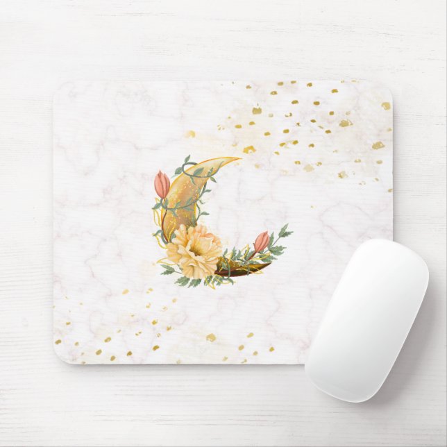 Blommigt Måne, Beige och Gult Graphic Musmatta (Med mus)