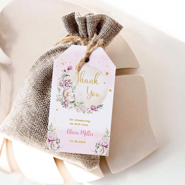 Blommigt Måne Rosa Baby Shower Tack Presentetikett (Skapare uppladdad)