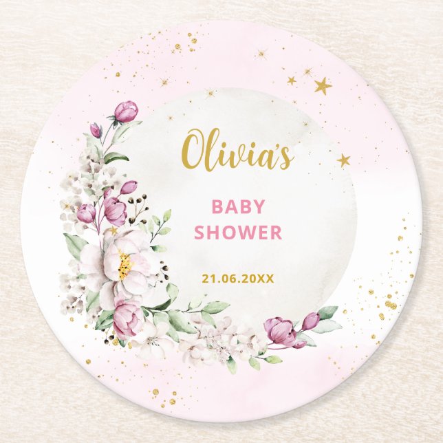 Blommigt Måne Rosa Baby Shower Underlägg Papper Rund (Framsidan)
