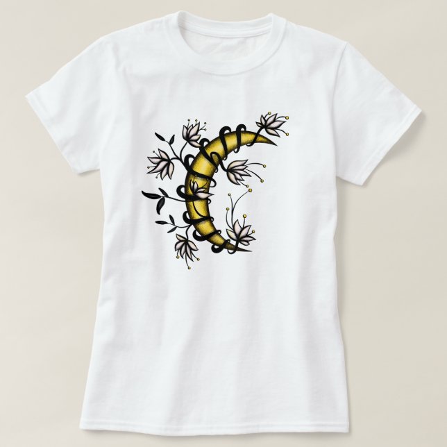 Blommigt Måne Witchy Pagan T Shirt (Design framsida)