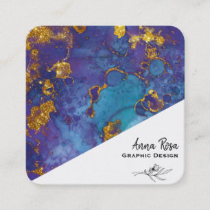 *~* Blommigt Marble Abstrakt Organic Blue Guld Fyrkantigt Visitkort
