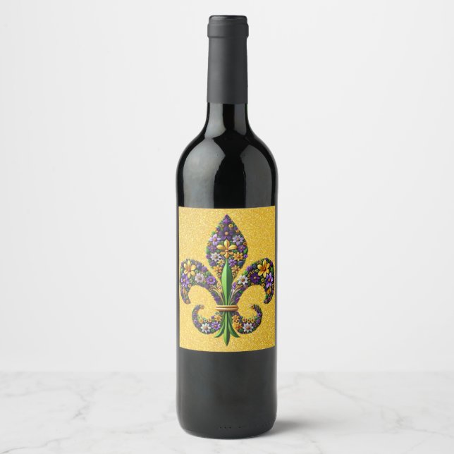 Blommigt Mardi Gras fleur de lis Vinflaska Etikett (Framsida)