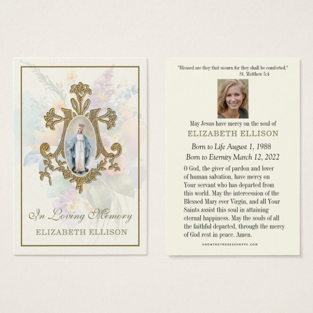 Blommigt Marian Kor Virgin Mary Funeral Prayer Visitkort (Framsida & baksida)