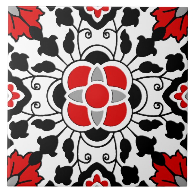 Blommigt - marockansk panel, djupröd, svart och vi kakelplatta (Framsidan)