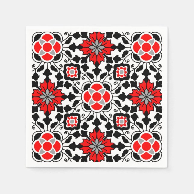 Blommigt - marockansk panel, djupröd, svart och vi pappersservett (Framsidan)