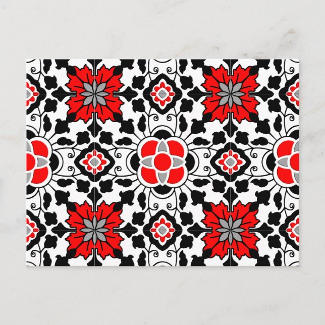 Blommigt - marockansk panel, djupröd, svart och vi vykort (Framsida)