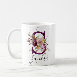 Blommigt Maroon Add Namn Brev S Monogram Kaffemugg