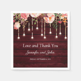 Blommigt Maroon Wooden Rustic Bröllop Pappersservett