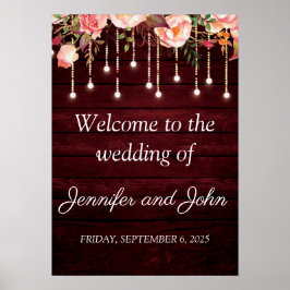Blommigt Maroon Wooden Rustic Bröllop Välkommen Poster