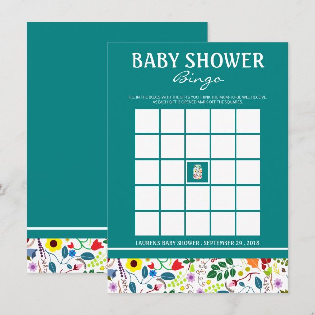 Blommigt Mason Burk Baby Shower Bingo Inbjudningar (Fram/baksida)