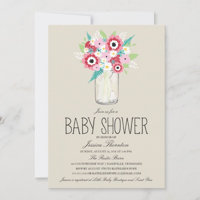 Blommigt Mason Burk Baby Shower Inbjudningar (Framsida)