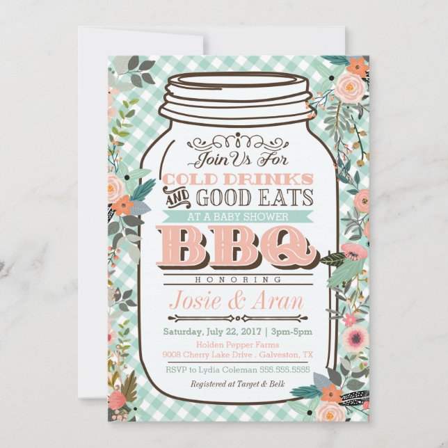 Blommigt Mason Burk BBQ Baby Shower-inbjudan Inbjudningar (Framsida)
