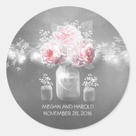 Blommigt Mason Burk Grått Rosa Bröllop Runt Klistermärke