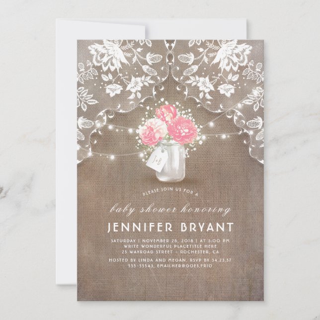 Blommigt Mason Burk Snöre och Burlap Baby Shower Inbjudningar (Framsida)