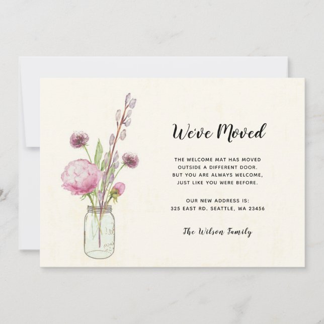 Blommigt Mason Burk Vi har Flyttat Ny adress Flytt (Framsida)