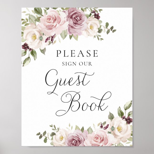 Blommigt Mauve  Elegant bröllop Guest Bok Poster (Framsidan)