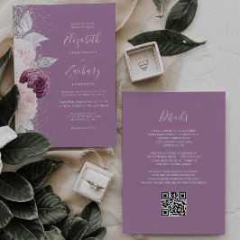 Blommigt Mauve Silver Glitter QR-koden Bröllop Inbjudningar