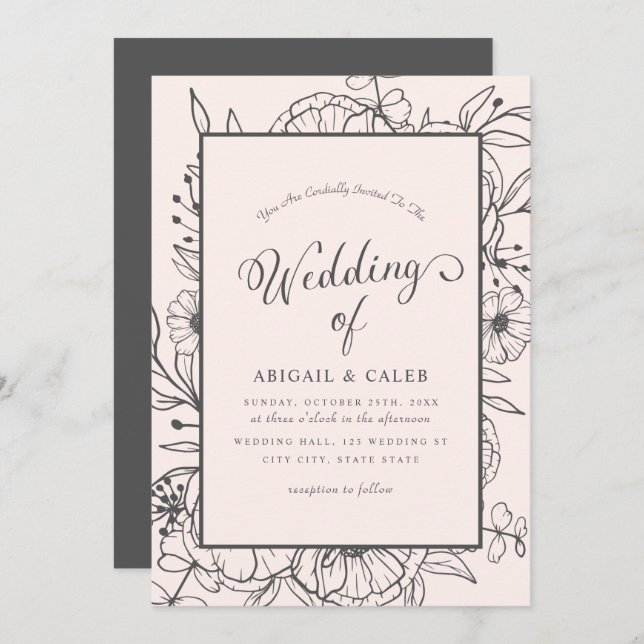Blommigt med enkel Elegant Sketch Rosa & Grått Brö Inbjudningar (Fram/baksida)