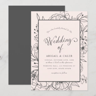 Blommigt med enkel Elegant Sketch Rosa & Grått Brö Inbjudningar