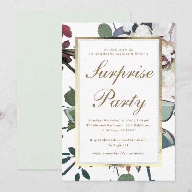 Blommigt med Faux Guld Ram Surprise Party Inbjudningar (Fram/baksida)