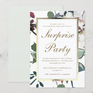 Blommigt med Faux Guld Ram Surprise Party Inbjudningar