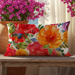 Blommigt med fet sommarvattenfärg Röd Orange Lila Lumbarkudde