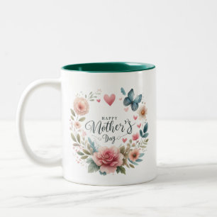 Blommigt med fjäril, Lycklig Mors dag Två-Tonad Mugg