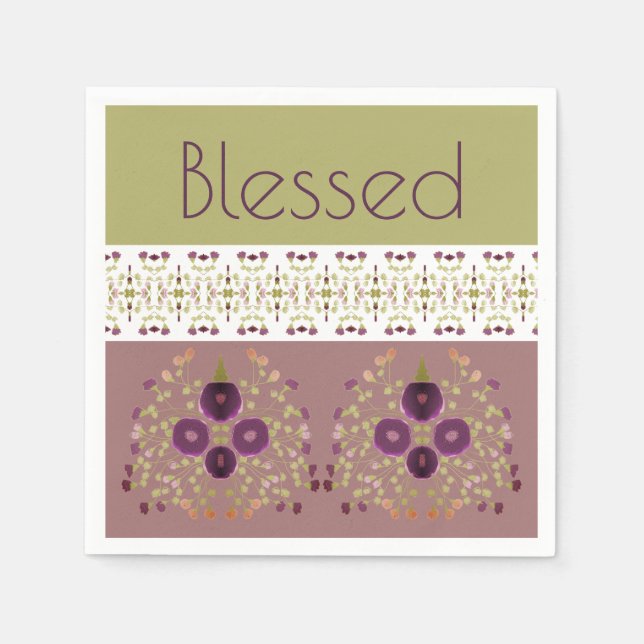 Blommigt med Lila Grönt Vit och persika Pappersservett (Framsidan)