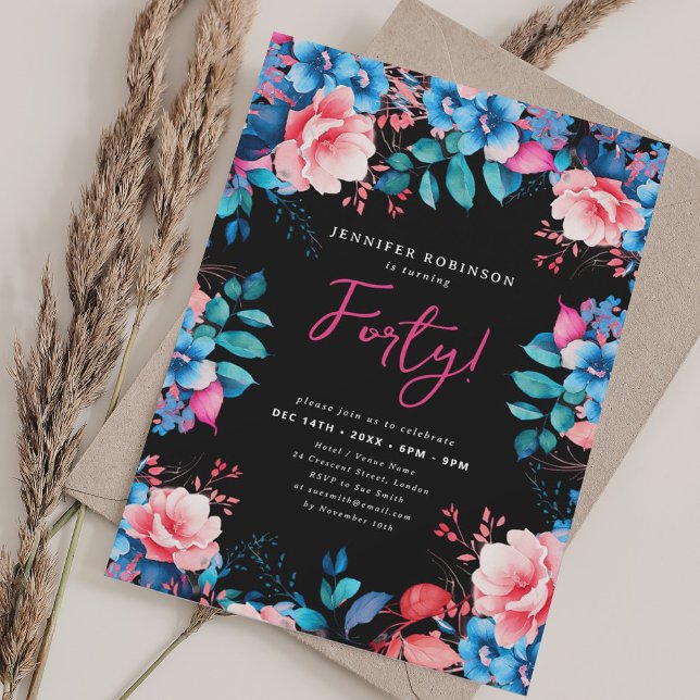Blommigt med ljust vattenfärg 40:e födelsedag svar inbjudningar (Bright Watercolor Floral 40th Birthday Black Invitation)