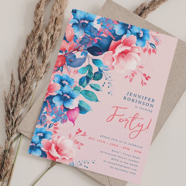 Blommigt med ljusvattensfärg 40:e födelsedag  inbjudningar (Bright Watercolor Floral 40th Birthday Blush Invitation)