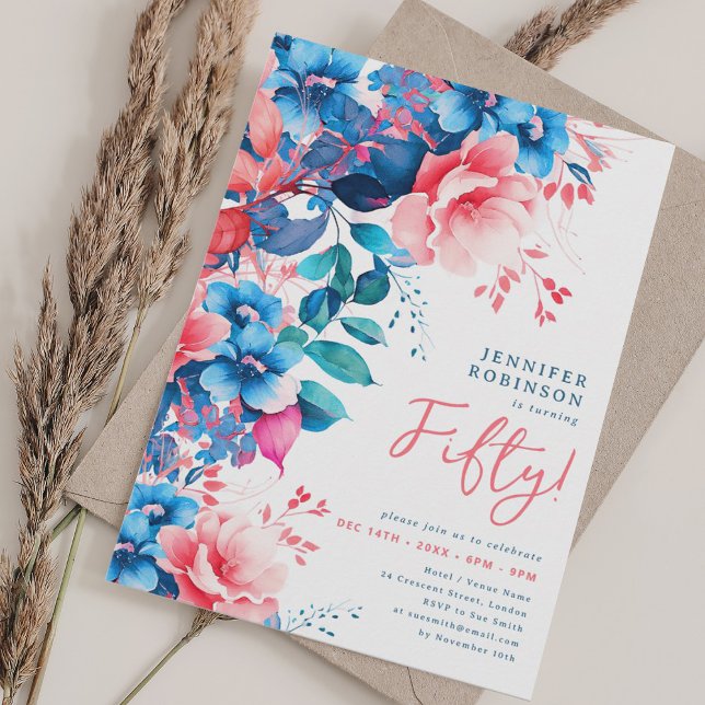 Blommigt med ljusvattensfärg 50:e födelsedag inbjudningar (Bright Watercolor Floral 50th Birthday Invitation)