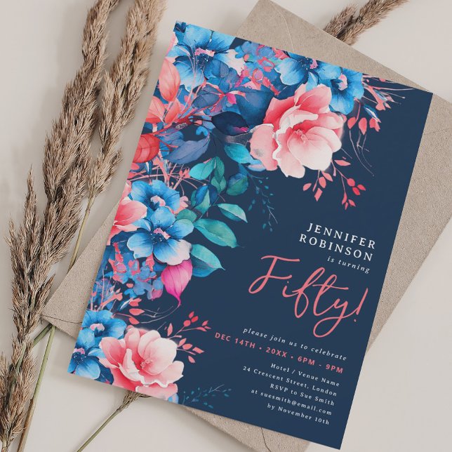 Blommigt med ljusvattensfärg 50:e födelsemyngan inbjudningar (Bright Watercolor Floral 50th Birthday Navy Invitation)