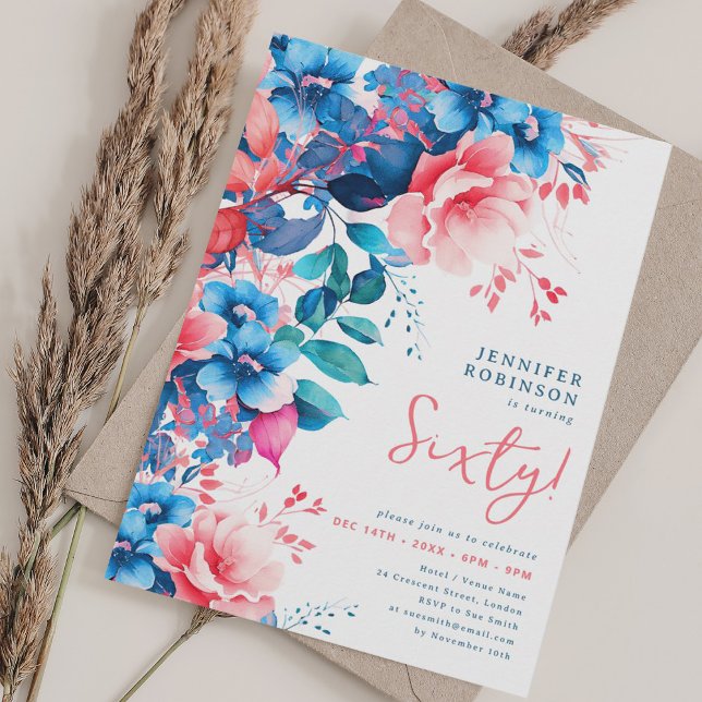 Blommigt med ljusvattensfärg 60:e födelsedag inbjudningar (Bright Watercolor Floral 60th Birthday Invitation)