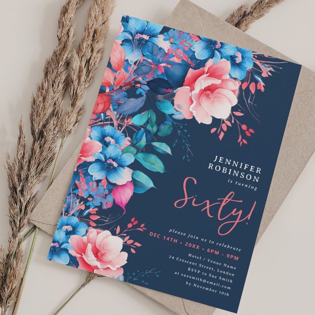Blommigt med ljusvattensfärg 60:e födelsemyngan inbjudningar (Bright Watercolor Floral 60th Birthday Navy Invitation)