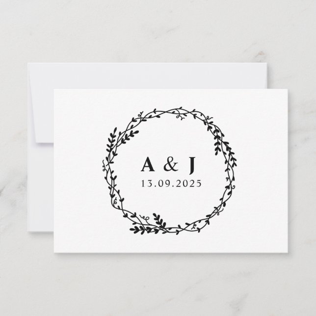 Blommigt med minimal Elegant Botaniskt monogram ut Spara Datumet (Framsida)